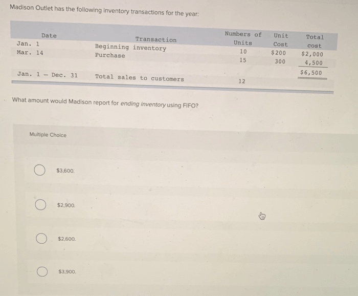 Madison outlet has the following inventory transactions for the year